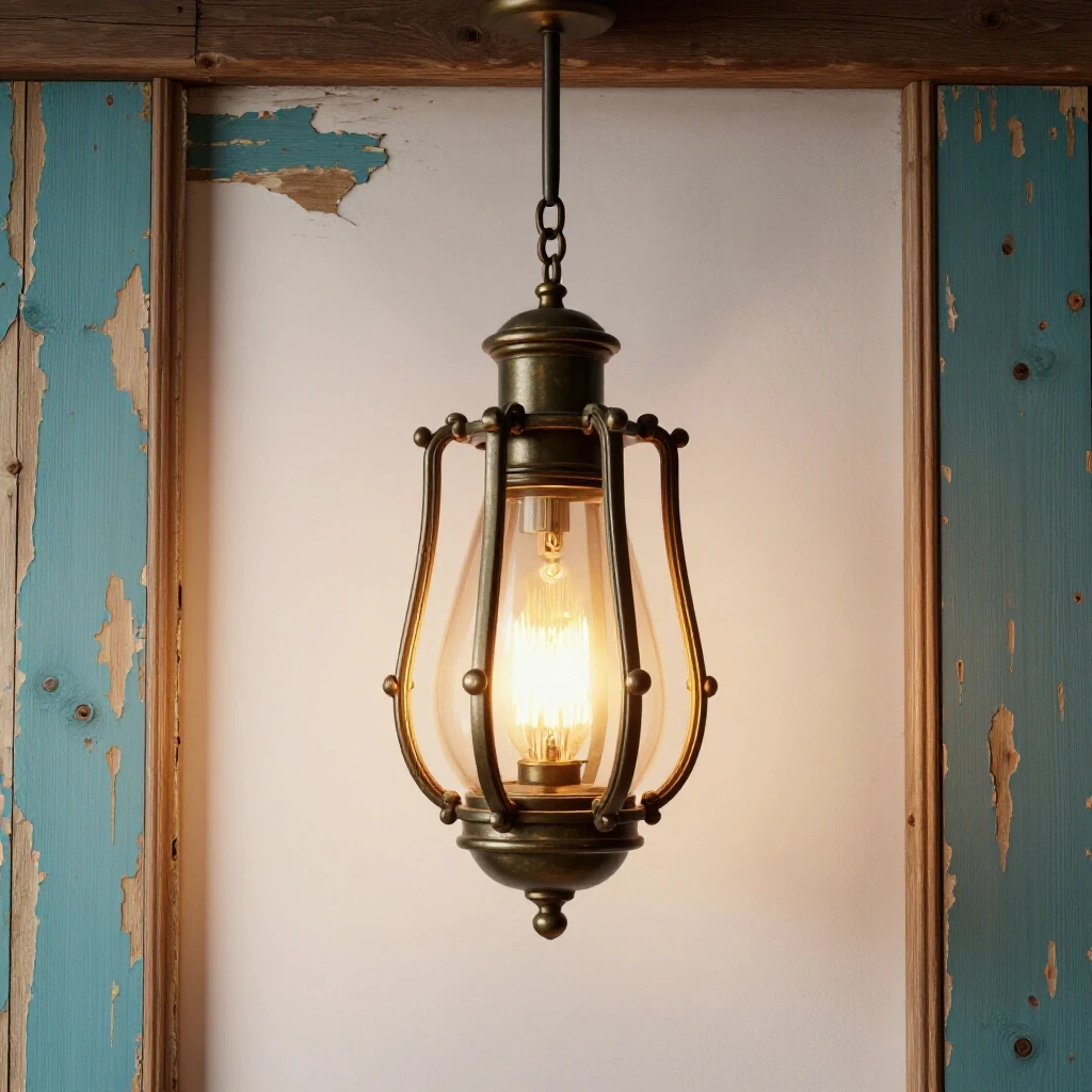 A beautifully restored vintage light fixture against a rustic backdrop of peeling wood, highlighting the contrast between elegance and decay.