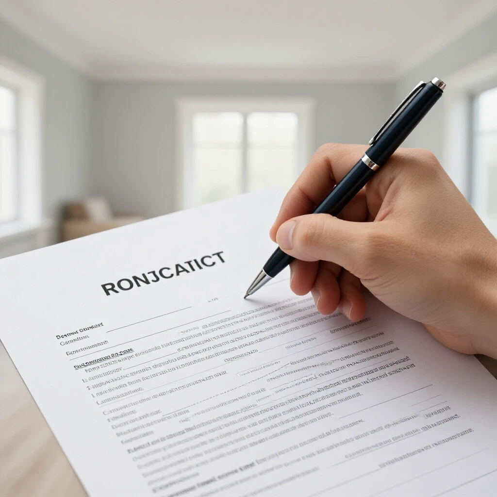 Close-up of a hand holding a pen above a renovation contract with a blurred renovated room in the background.