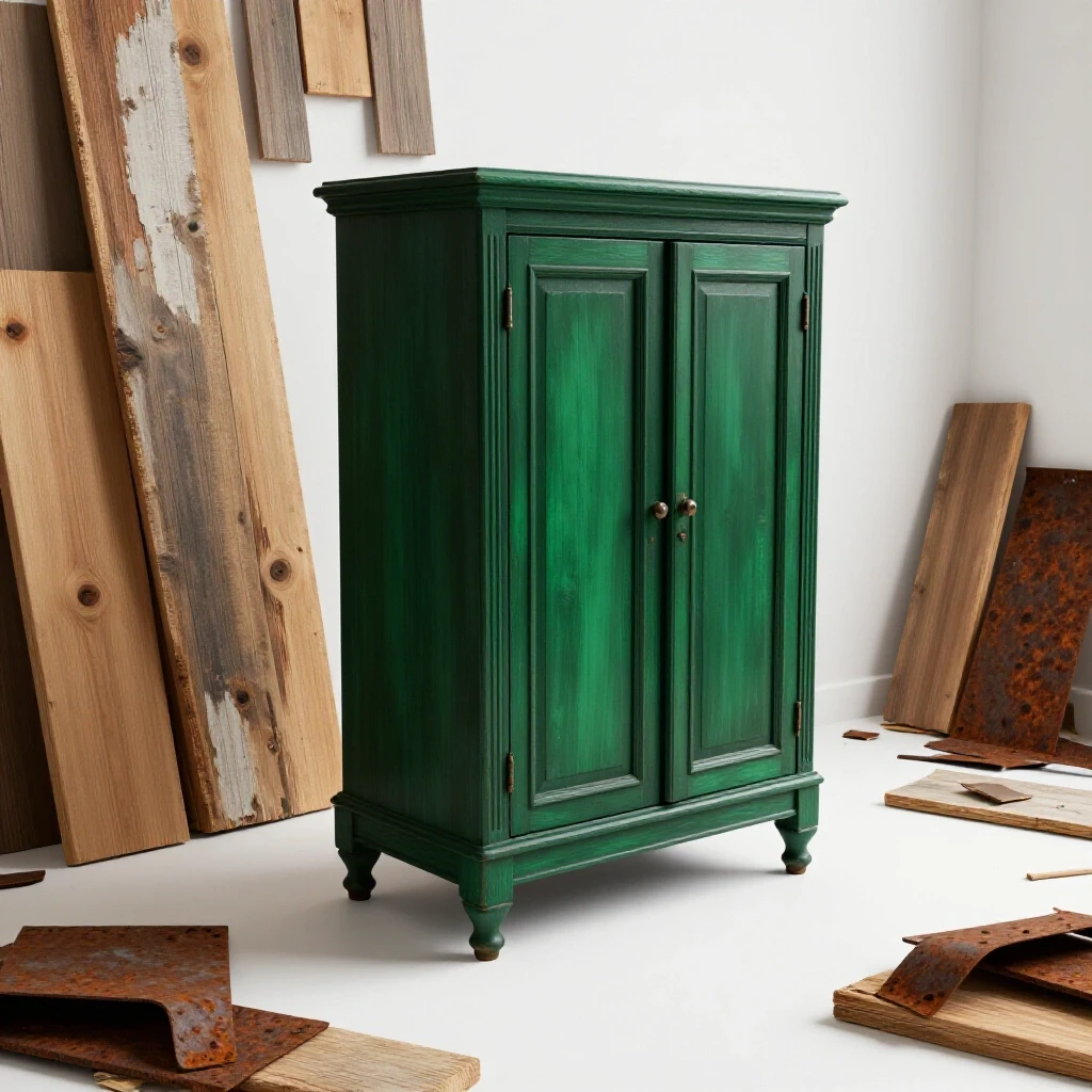 A restored vintage cabinet surrounded by salvaged wood and metal materials, showcasing renovation creativity.