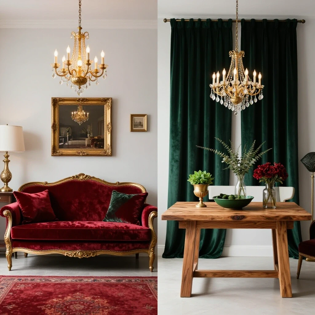 A chic room design split in half showing luxury decor on one side and affordable DIY alternatives on the other, highlighting style and budget.
