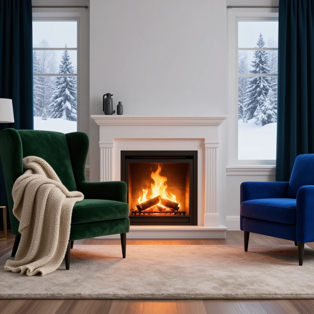 A cozy living room featuring a warm fireplace, a cold winter view outside, and a knitted blanket on a chair.