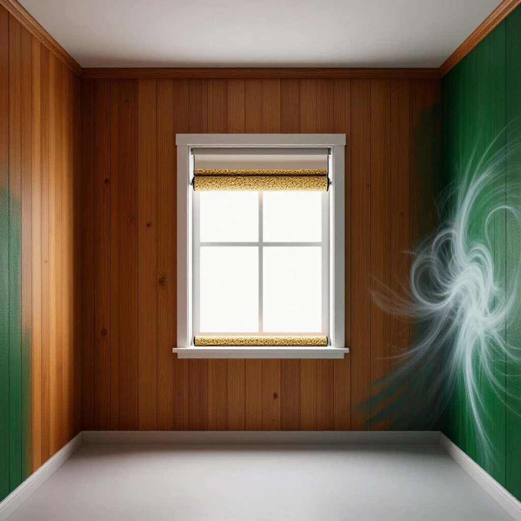 A cozy room with warm tones contrasted by a drafty space, showcasing window sealing with weather stripping.