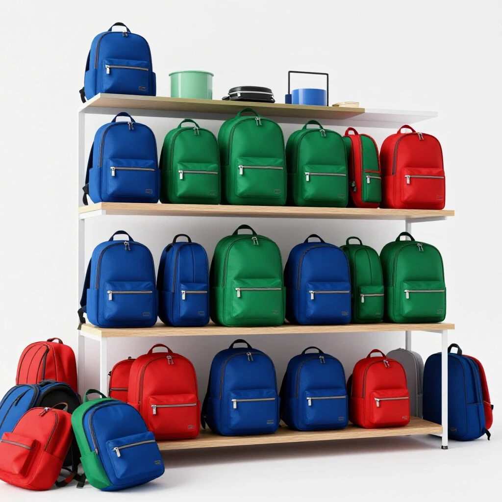 Vibrant backpack station showcasing colorful backpacks organized against a bright studio background, highlighting school organization.