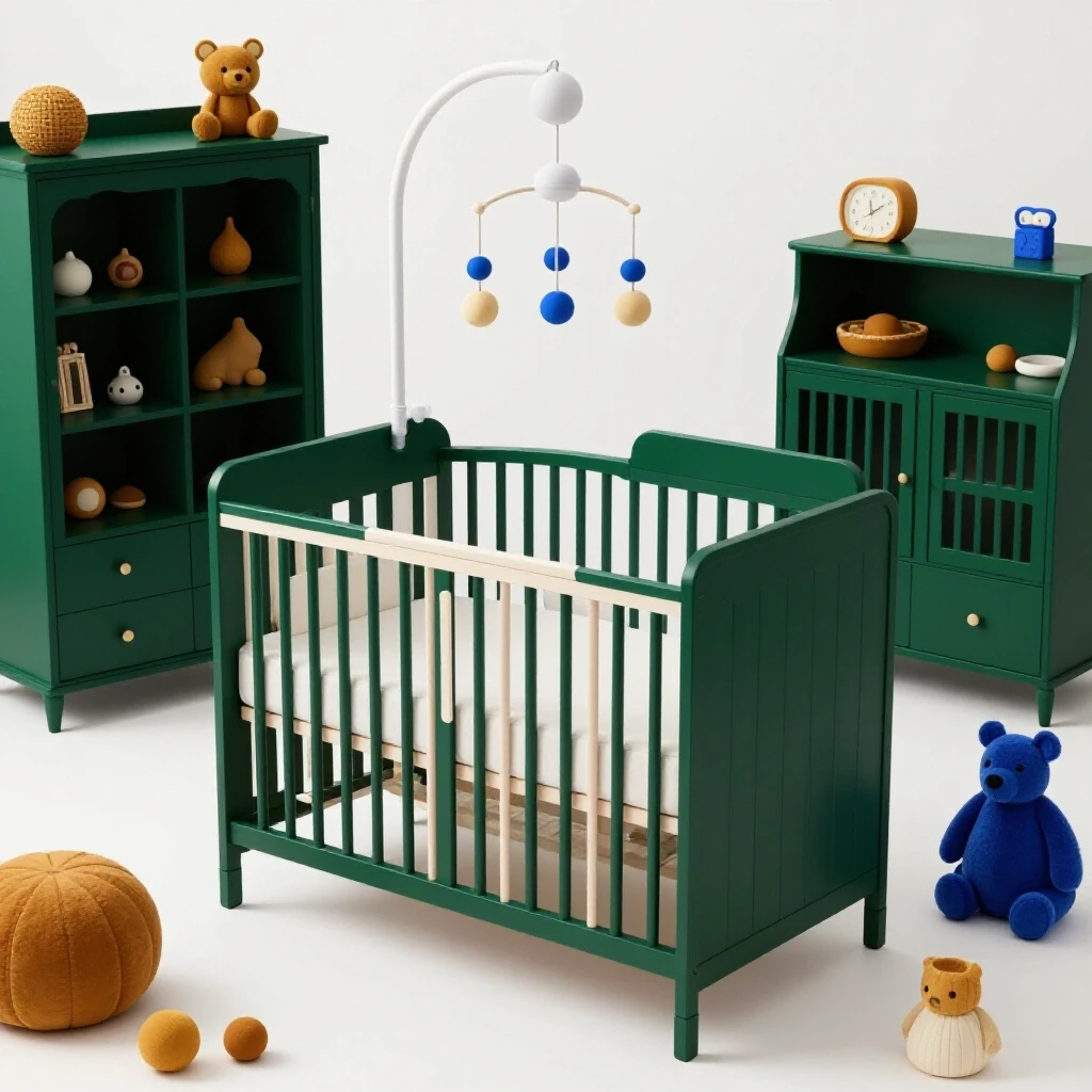 A beautifully arranged nursery featuring a crib, vibrant toys, and multipurpose furniture in a bright, clean setting.