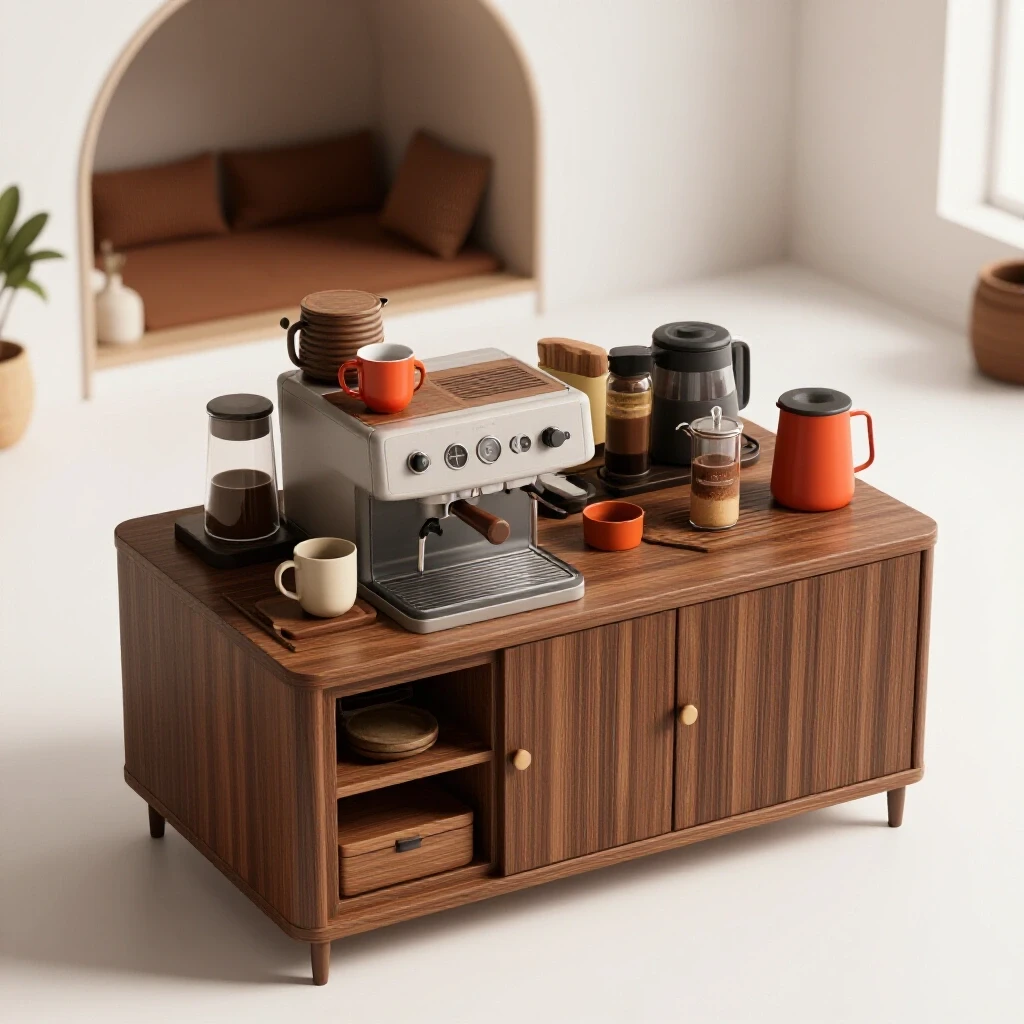 A beautifully organized coffee station with vibrant coffee mugs, warm tones, and a cozy nook setup.
