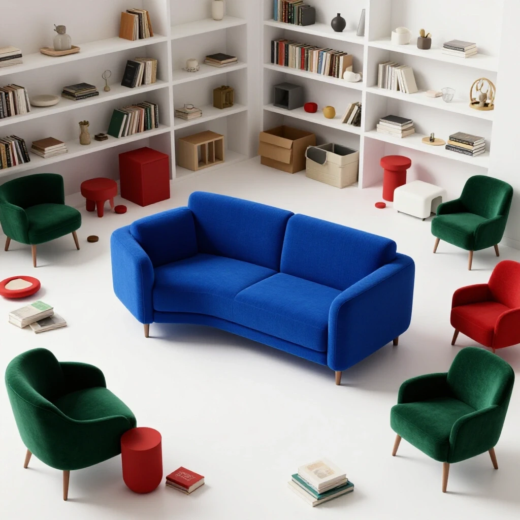 A well-organized apartment corner featuring a deep royal blue sofa contrasted with cluttered decor, showcasing functional design.