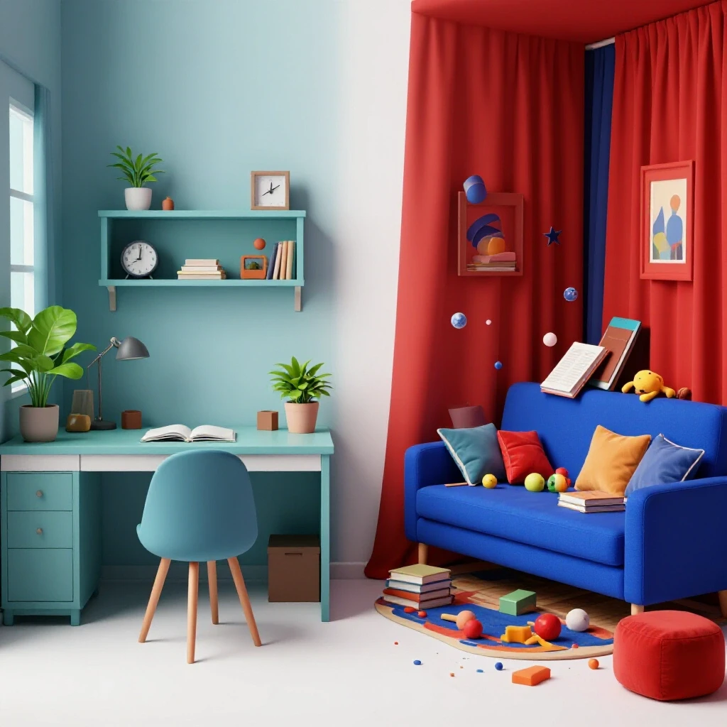 A 3D illustration showing a serene home workspace on the left and a cluttered living space on the right, representing work-life boundaries.