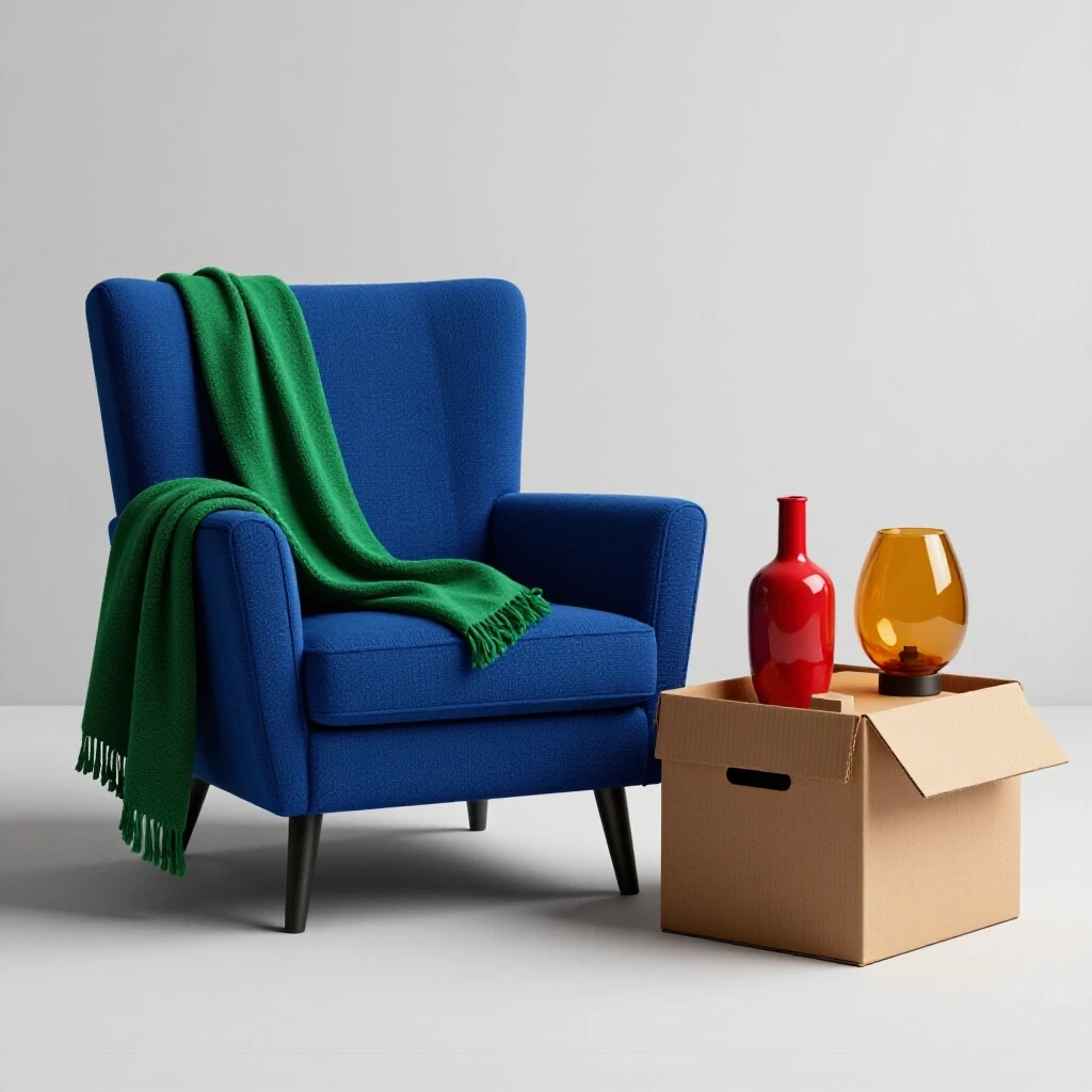 A cozy corner with a royal blue armchair, vibrant throw blanket, and decorative elements in a bright, inviting setting.