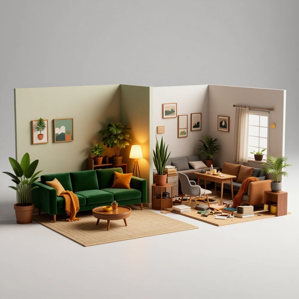 A visually striking image contrasting a cozy, well-arranged room with a cluttered space, showing design improvements.