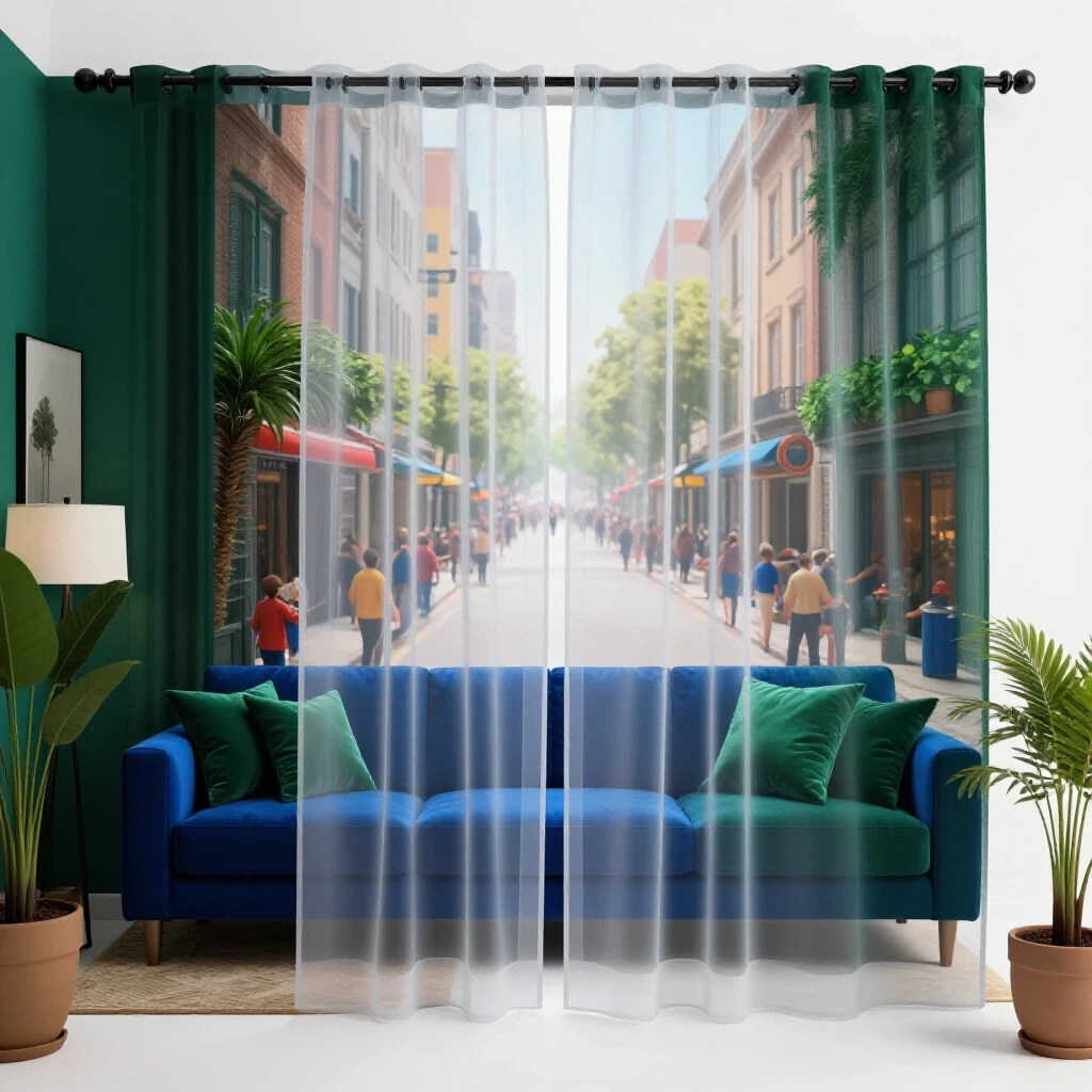 A beautifully decorated living room contrasted with a busy street scene, separated by a sheer curtain, illustrating home privacy solutions.