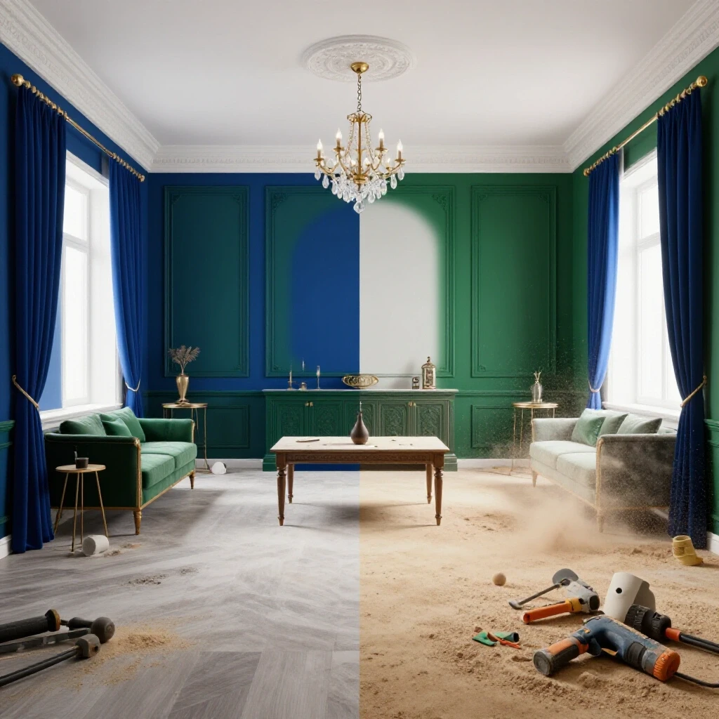 A contrasting image of a newly renovated room showing one half pristine and the other half messy with sanding dust and tools.