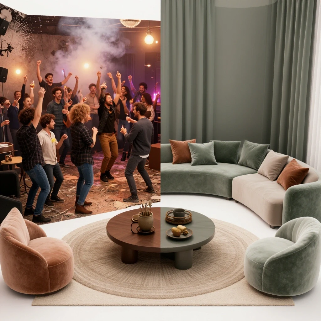 A split-room image depicting a lively party atmosphere on one side and a serene, quiet space on the other, showcasing soundproofing contrasts.