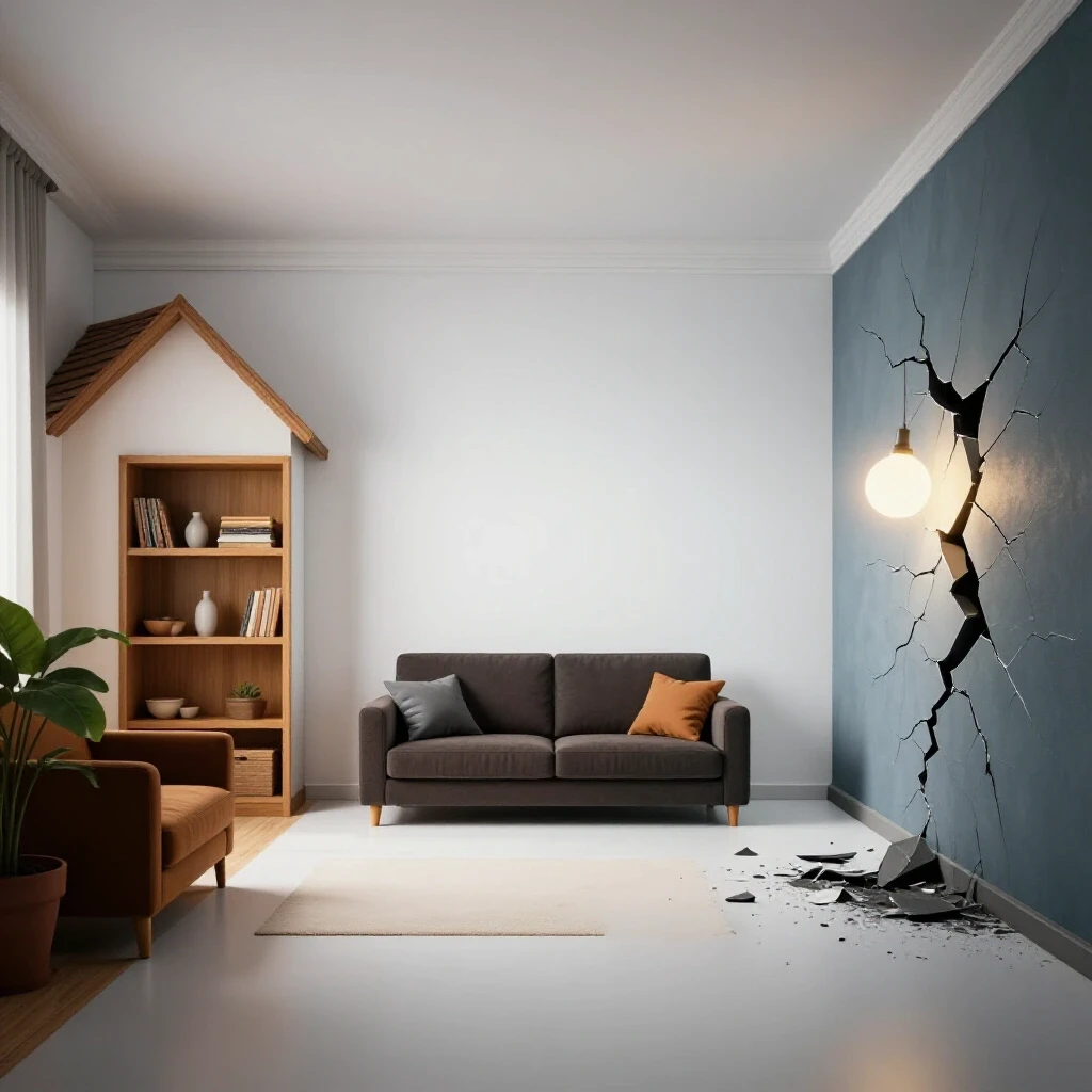 A beautifully decorated home interior contrasted with a chaotic element like a cracked wall, evoking curiosity.