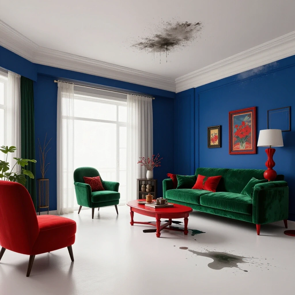 A beautifully decorated home interior with water damage hints, featuring rich colors and bright lighting.