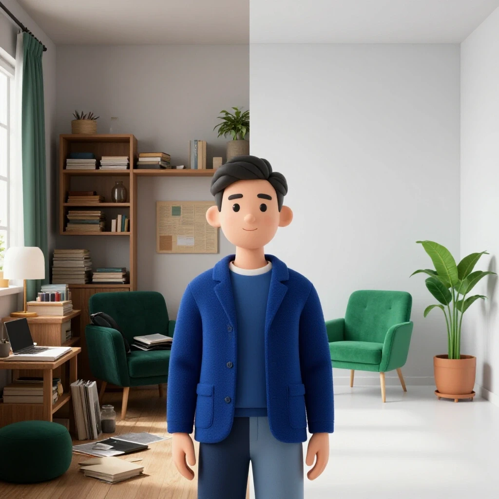 A split image showing a cluttered room on one side and a serene minimalist space on the other, illustrating decluttering.