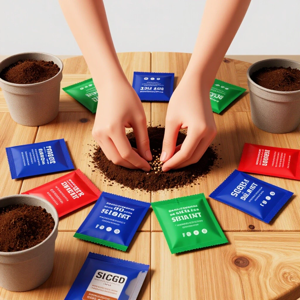 Close-up of hands planting seeds on a rustic wooden table with colorful seed packets and recycled containers.