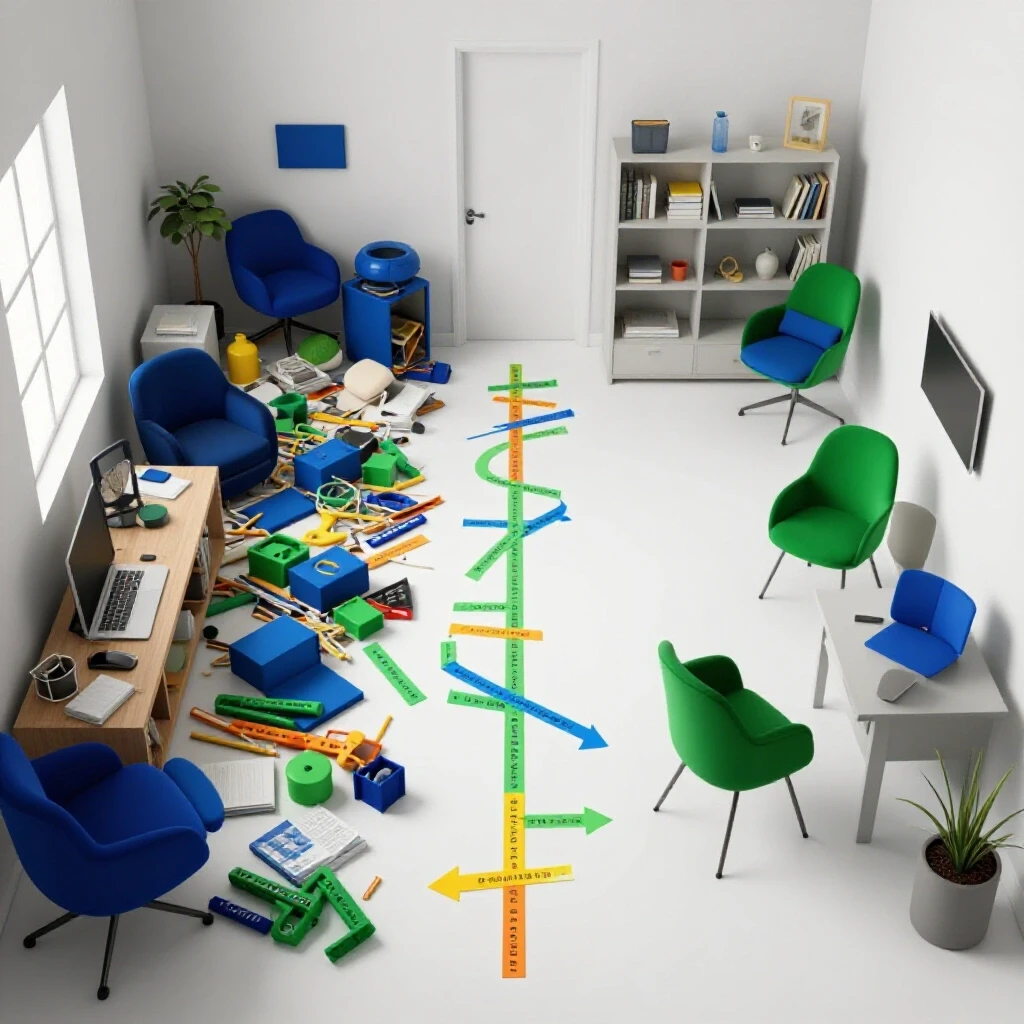 A vivid transformation scene showing clutter on one side and an organized room on the other, with colorful progress markers leading through.