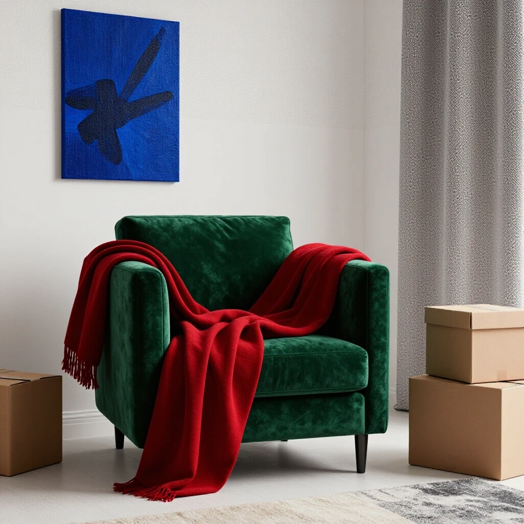 A cozy corner of a home featuring a green velvet chair, a red throw blanket, and abstract art on a bright background.