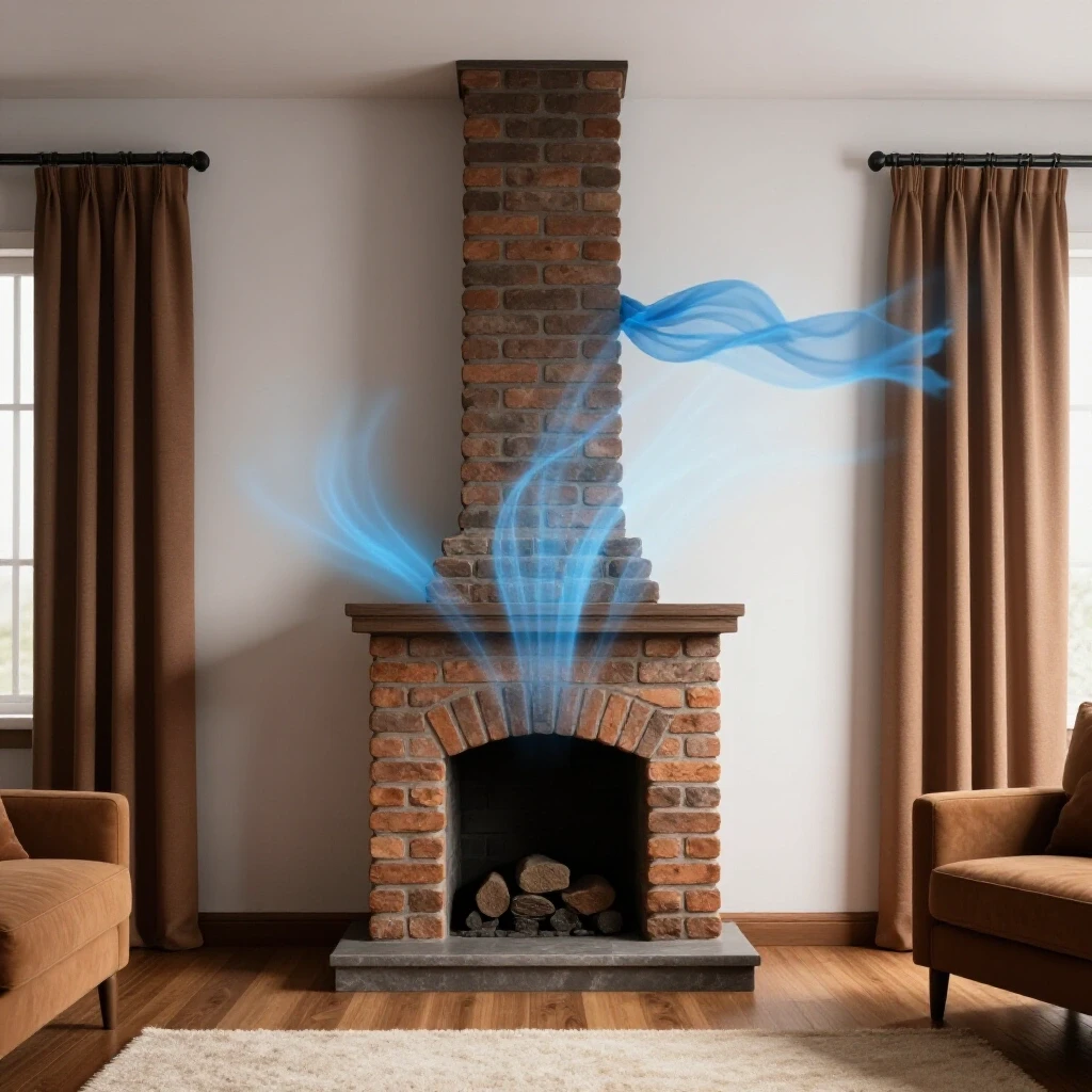 A warm living room with a chimney draft illustrated by swirling cold air, featuring curtains flowing to show movement.