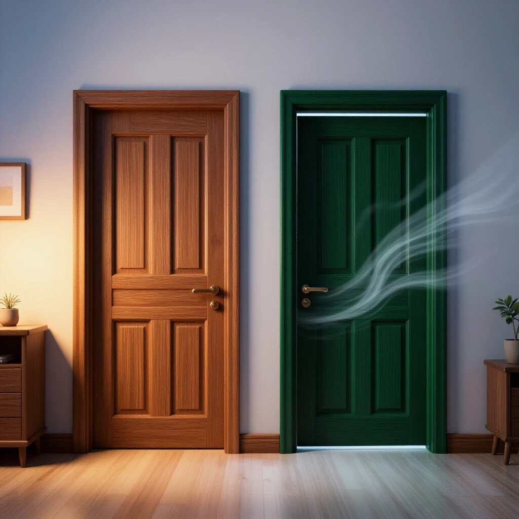 A split view image showcasing a cozy, warmly lit room with a sealed door contrasted against a chilly, dark space with visible drafts around an unsealed door.