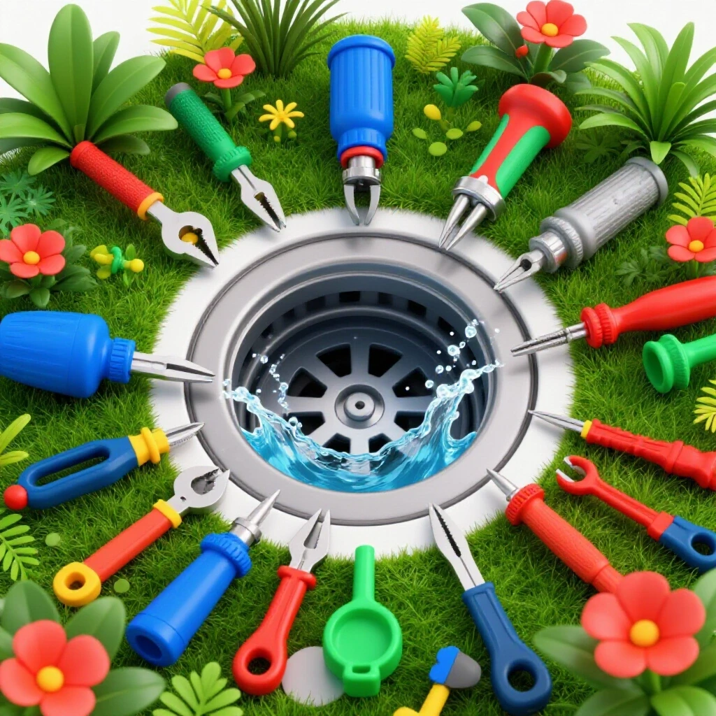 An overflowing drain surrounded by plants and colorful flowers with tools arranged in a circular composition.