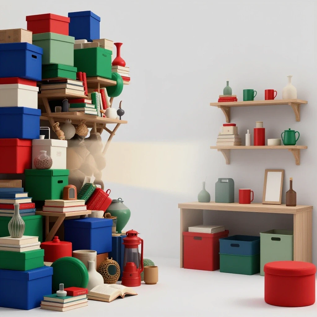 A highly polished image contrasting a cluttered space filled with household items and a clean, organized area, illustrating decluttering effects.