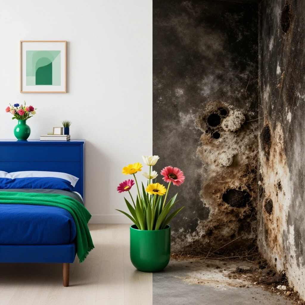 A split-image depicting a clean, vibrant room contrasted with a dark, mold-infested corner, symbolizing hope and renewal.
