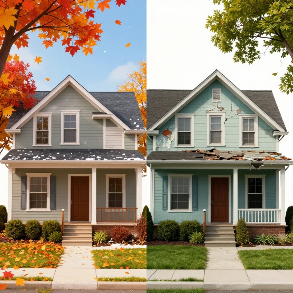 A split-screen image contrasting a vibrant, well-maintained home with seasonal elements and a deteriorating home, showcasing the impact of seasonal repairs.