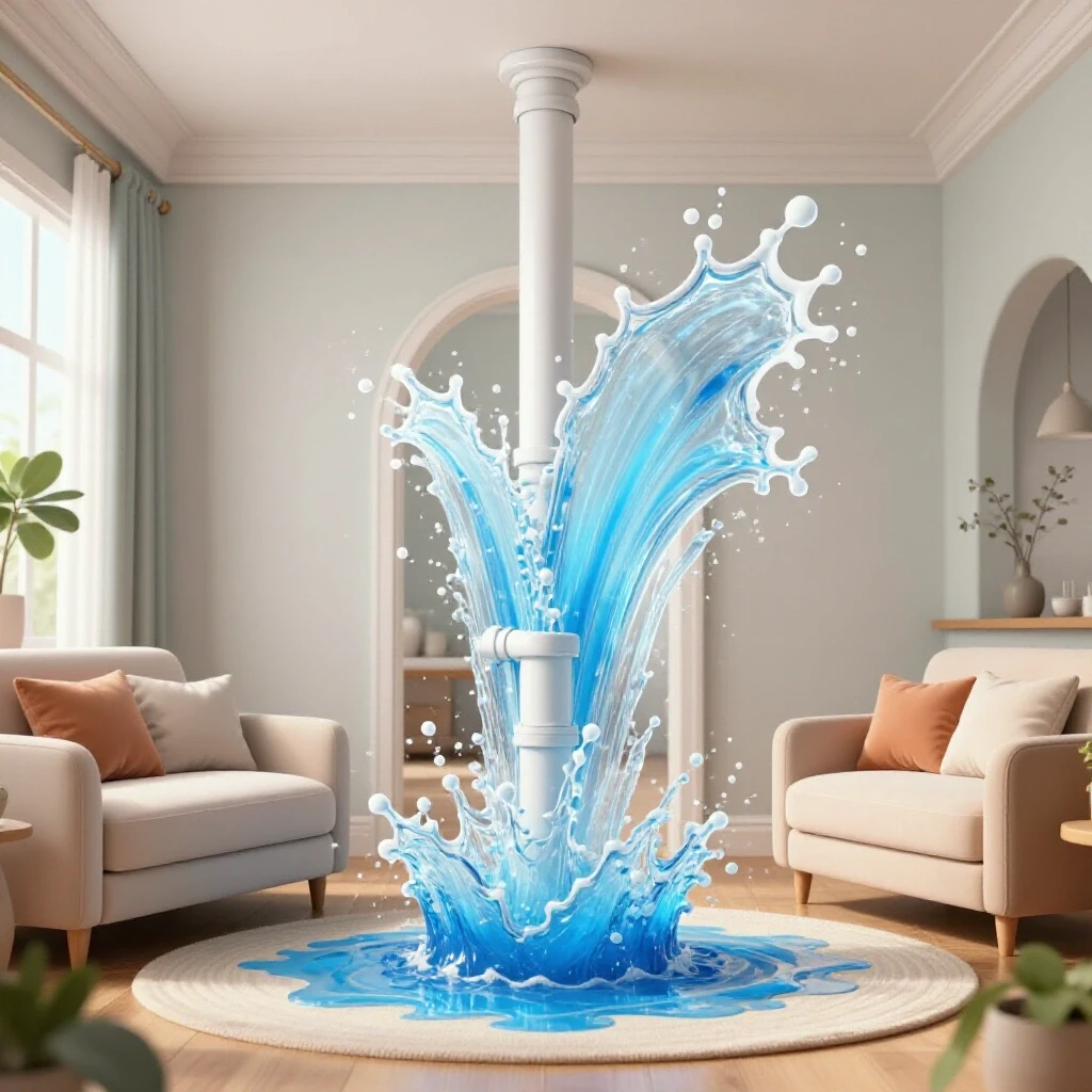 A peaceful home interior disrupted by a burst of water from a pipe, contrasting calm decor with chaotic splashes.