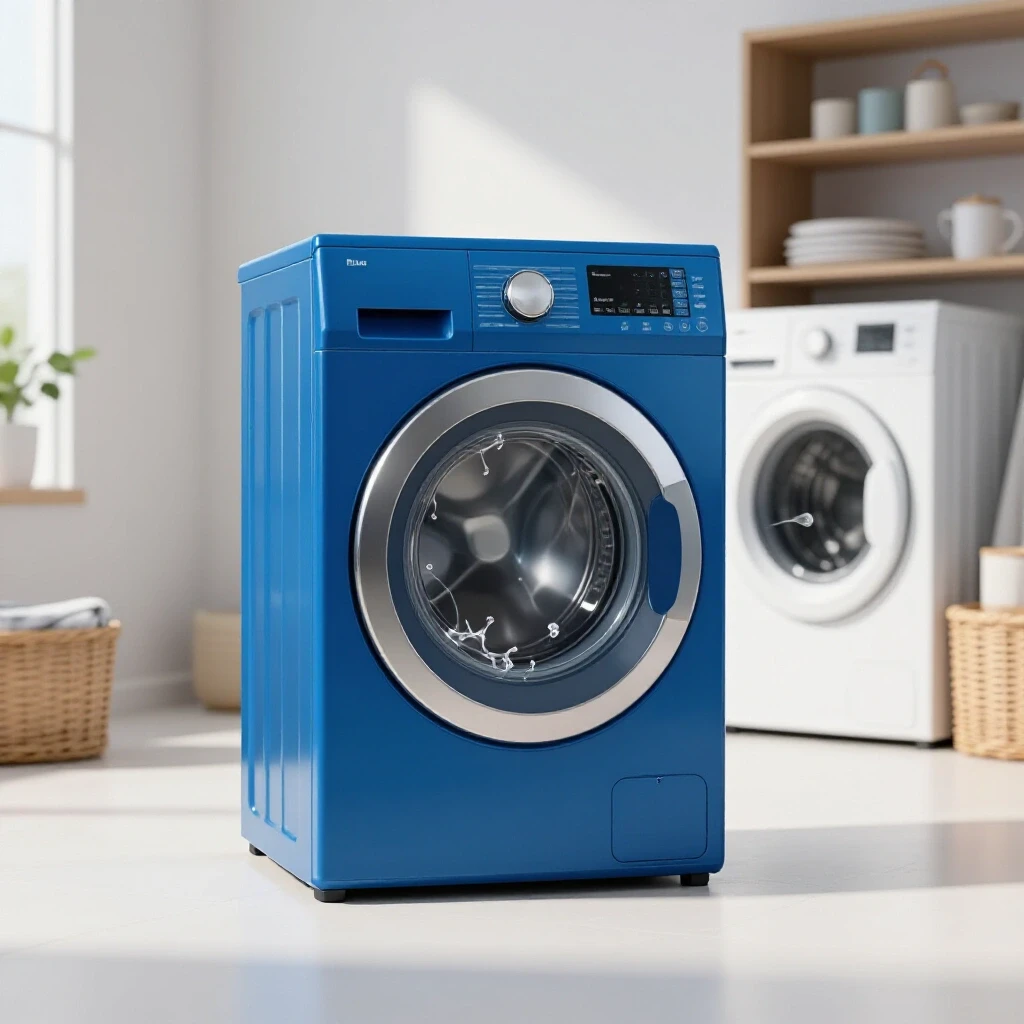 A vibrant blue washing machine in an organized laundry room, depicting exaggerated motion to illustrate shaking.