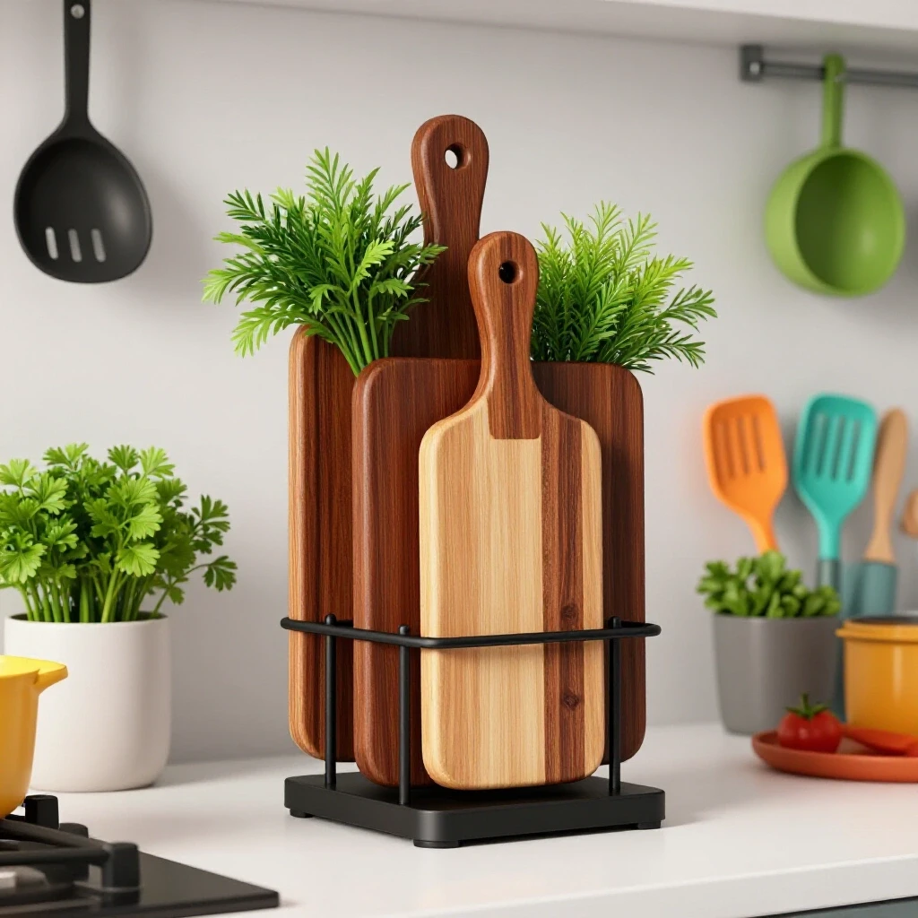 A stylish kitchen showcase with a vertical cutting board rack and vibrant herbs, emphasizing organization and efficiency.