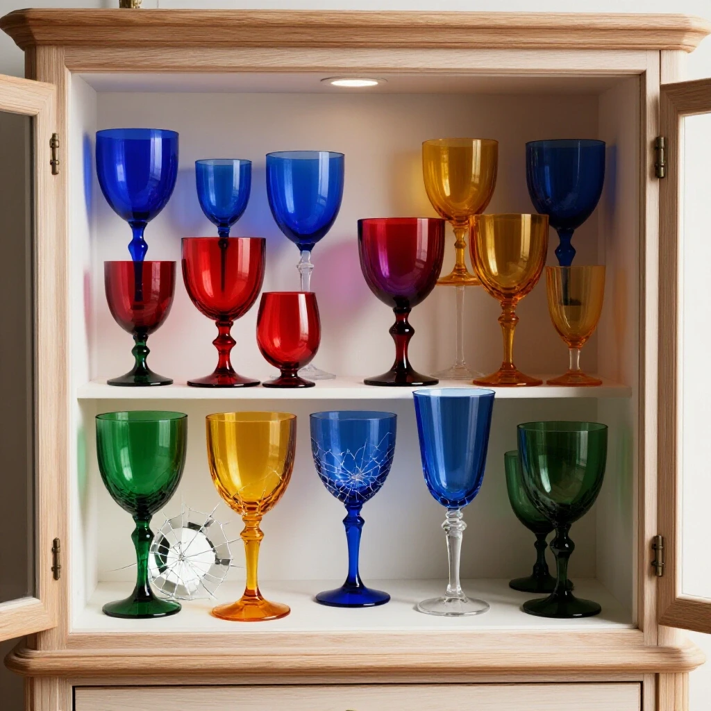 Elegant glassware in a vintage wooden cabinet with a contrasting cracked glass piece, highlighting safe storage methods.