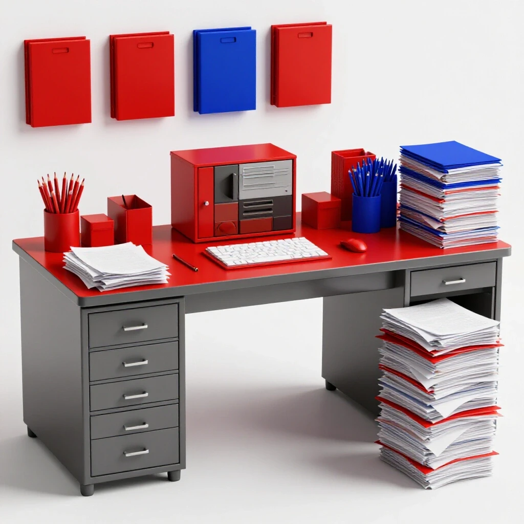 A beautifully organized home office with vibrant colors and a chaotic stack of papers highlighting document storage challenges.
