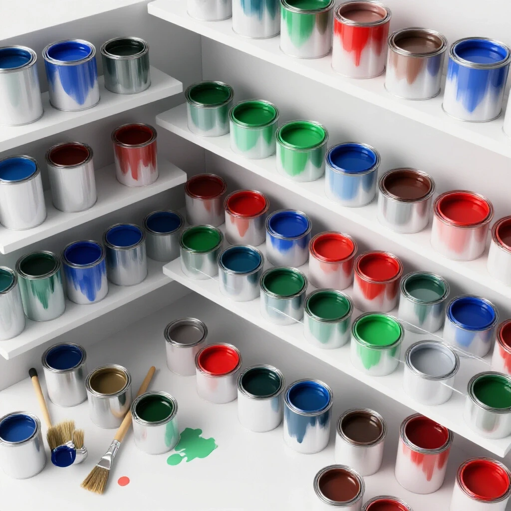 Organized paint storage area with vibrant paint cans and clean workspace, showcasing clutter prevention strategies.