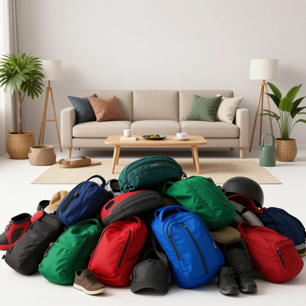 A disorganized pile of seasonal gear in the foreground contrasts with a beautifully organized living space in the background.