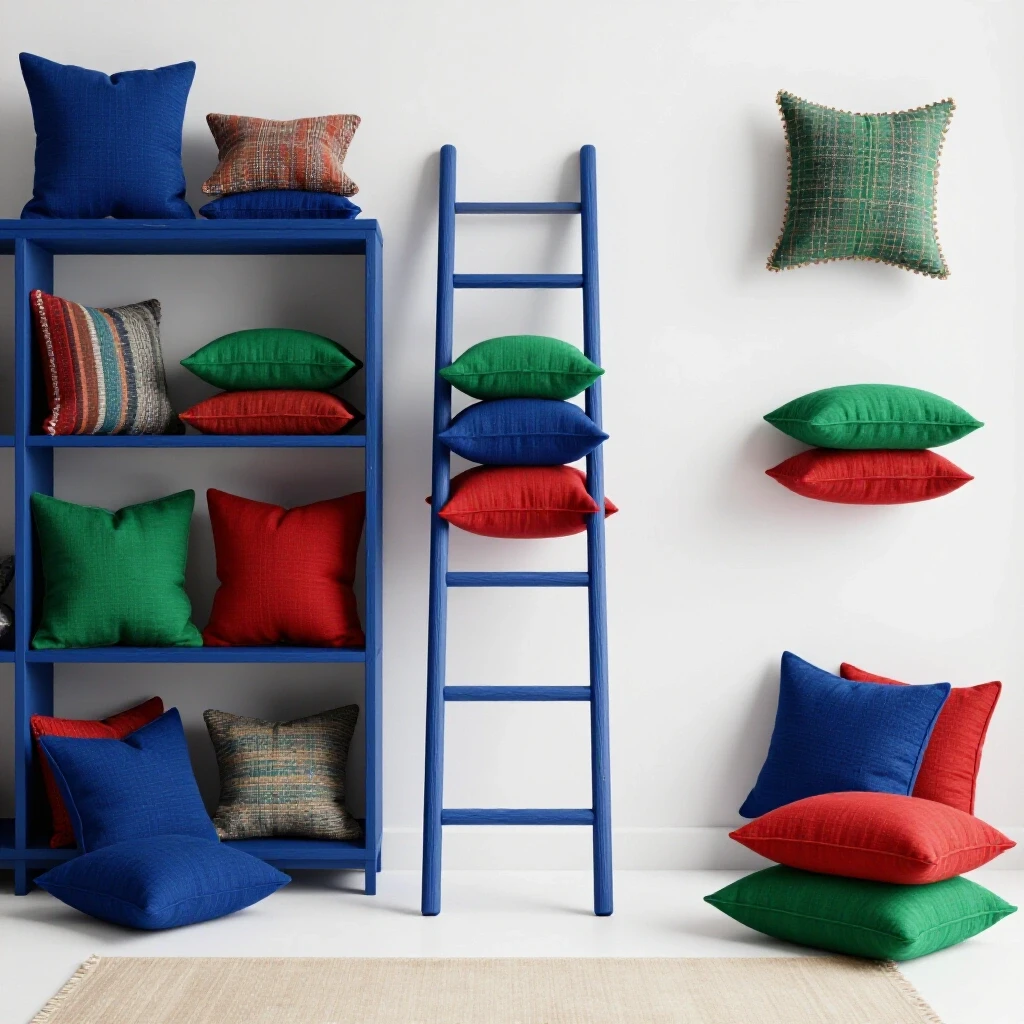 A creatively styled room featuring repurposed items like a ladder bookshelf and colorful cushions, set against a bright backdrop.