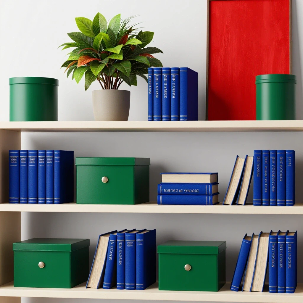A stylishly arranged shelf featuring books, decorative art pieces, and a plant, set in a bright studio environment.