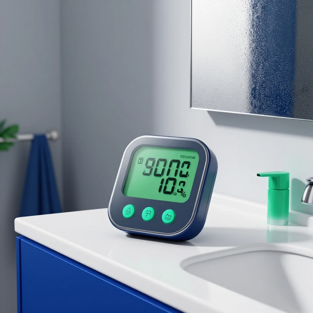 A modern bathroom with a high-tech humidity meter and condensation on a mirror, showcasing vibrant deep colors.