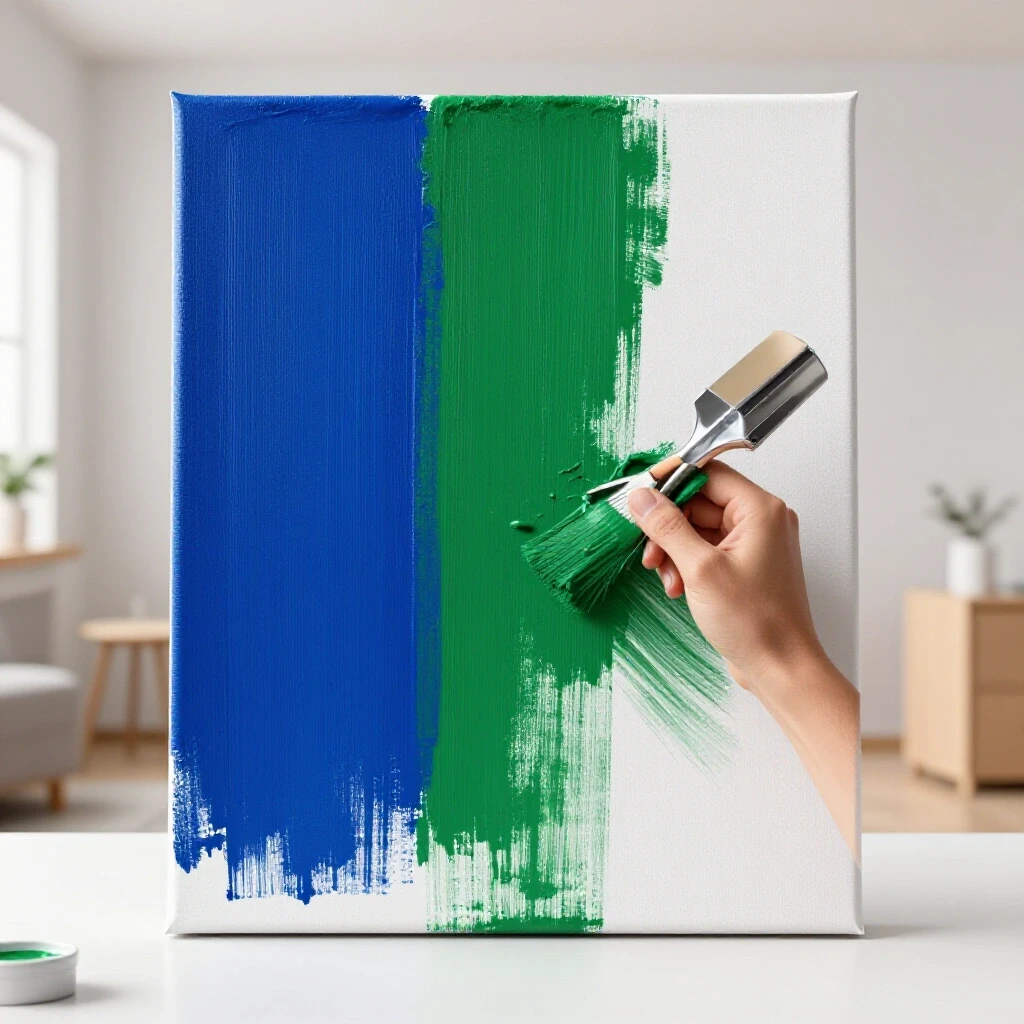 A split canvas showing vibrant paint colors with a hand applying a sample, emphasizing home renovation creativity.