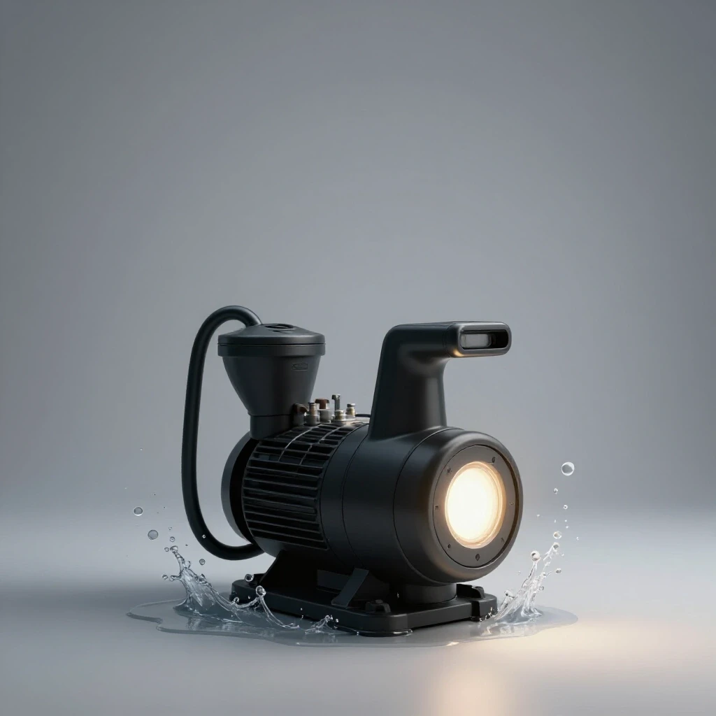 A sump pump illuminated in a bright basement setting, contrasting dark shadows and dynamic water droplets for urgency.