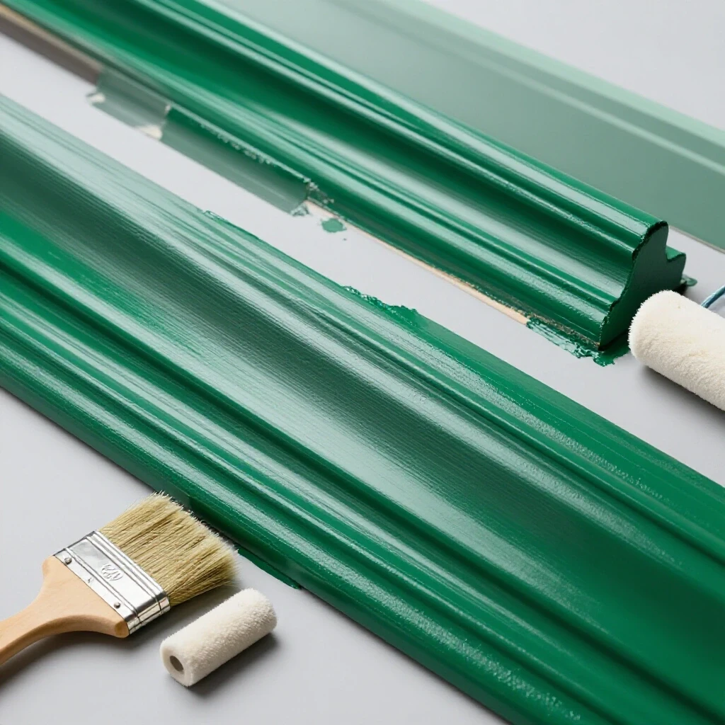 A comparison of freshly painted glossy baseboards in vibrant emerald green against a dull old baseboard, with painter's tools.