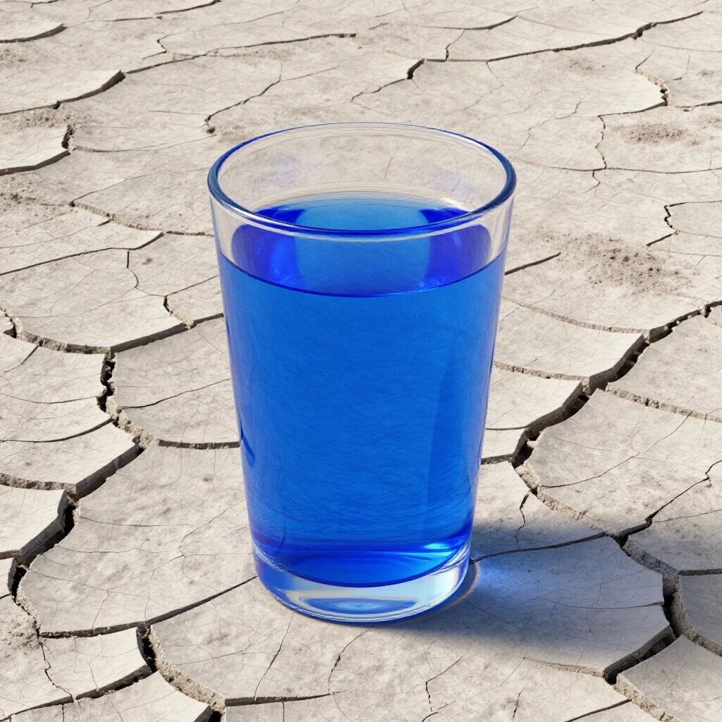 A vibrant glass of water overflowing against a dry cracked earth background, symbolizing water conservation.