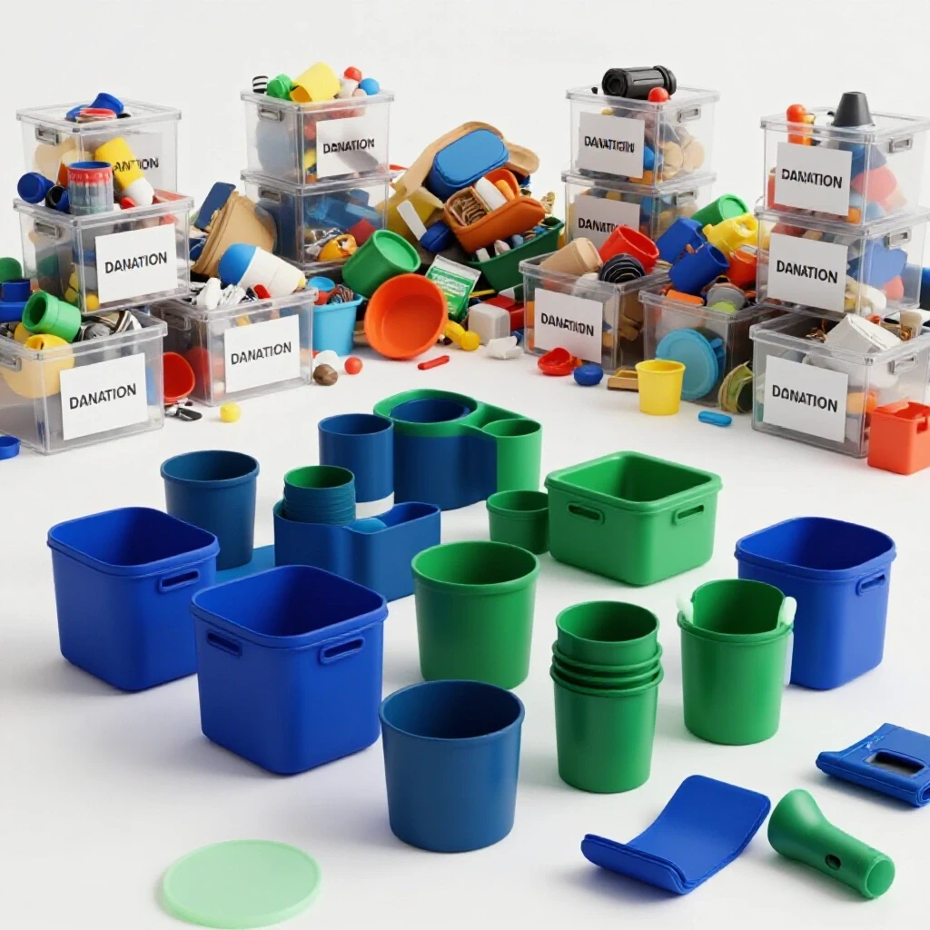 A vibrant organized space with deep colored storage and chaotic donation boxes contrasting the clutter.