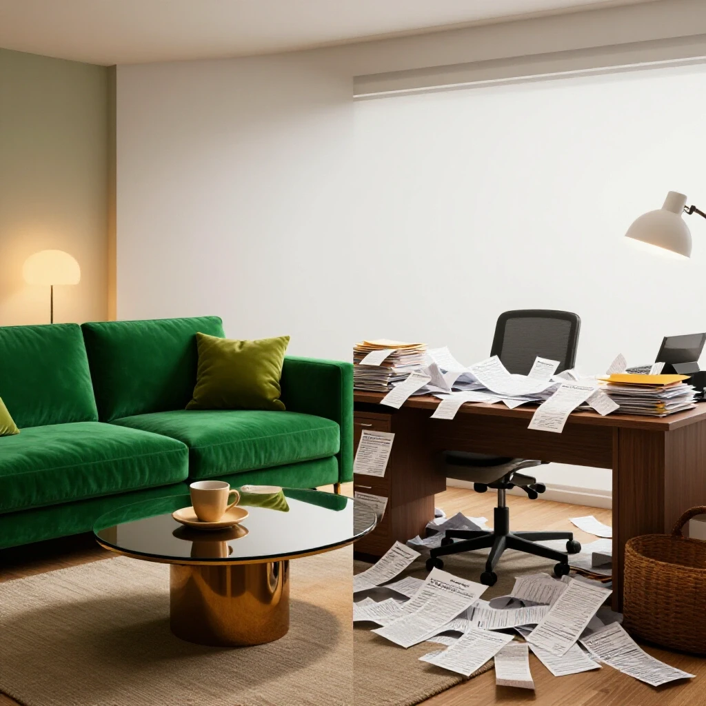 A contrasting scene of a beautifully renovated room with an emerald green sofa and a cluttered desk filled with receipts and tax paperwork.