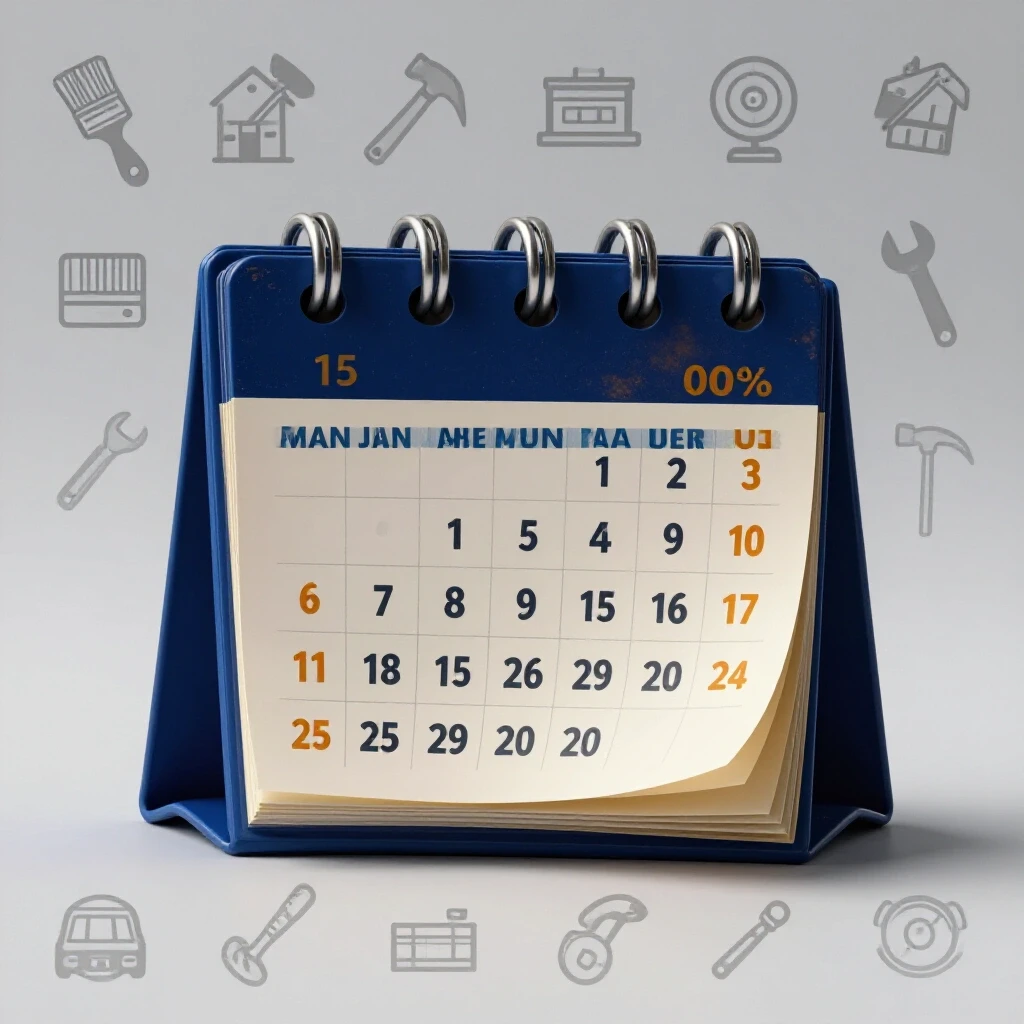 A weathered calendar with flipping pages surrounded by maintenance task icons, all set in a bright studio space, symbolizing long-term home care.
