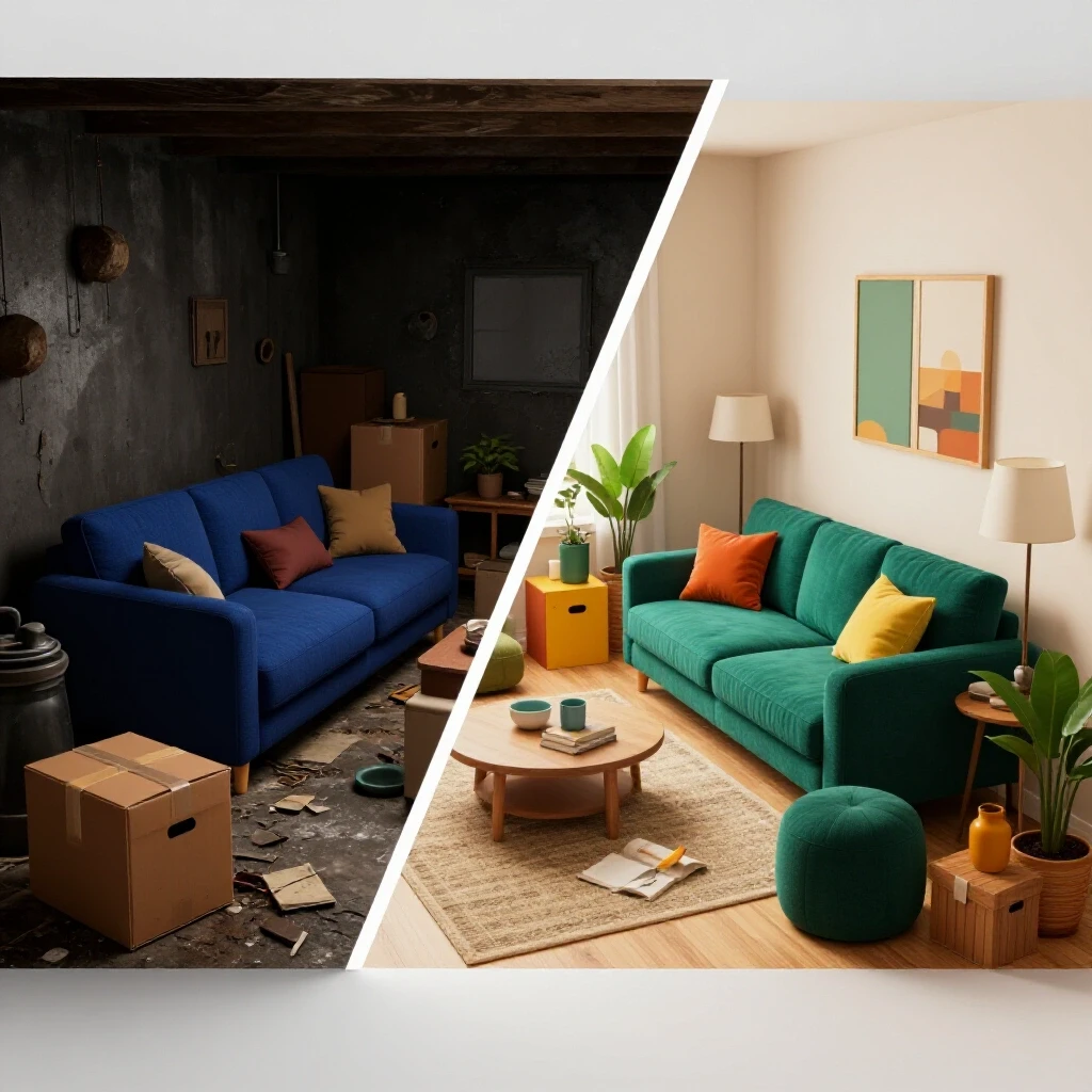A split image showing a dark and cluttered basement contrasted with a bright, inviting, furnished livable space, emphasizing transformation.