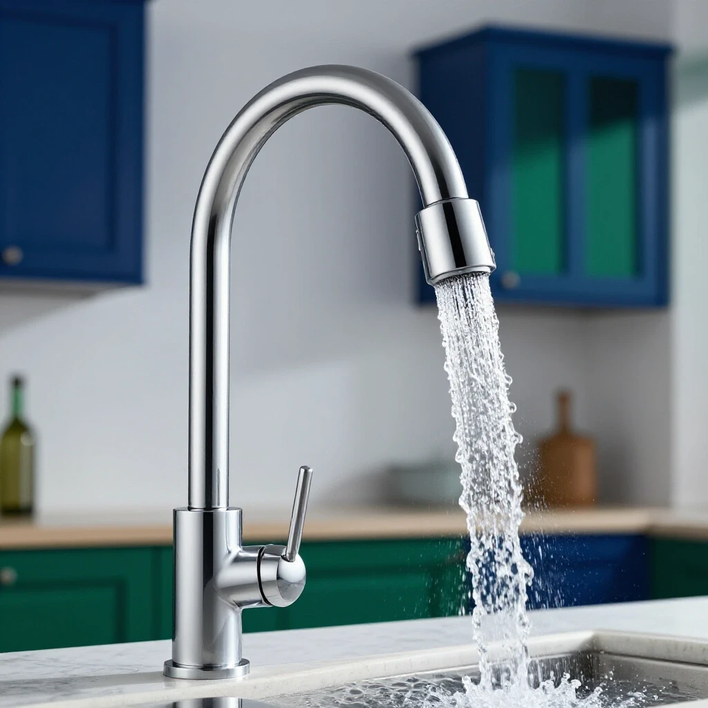 A modern faucet in a vibrant home interior, water cascades down from strong flow to thin trickle, creating visual interest.