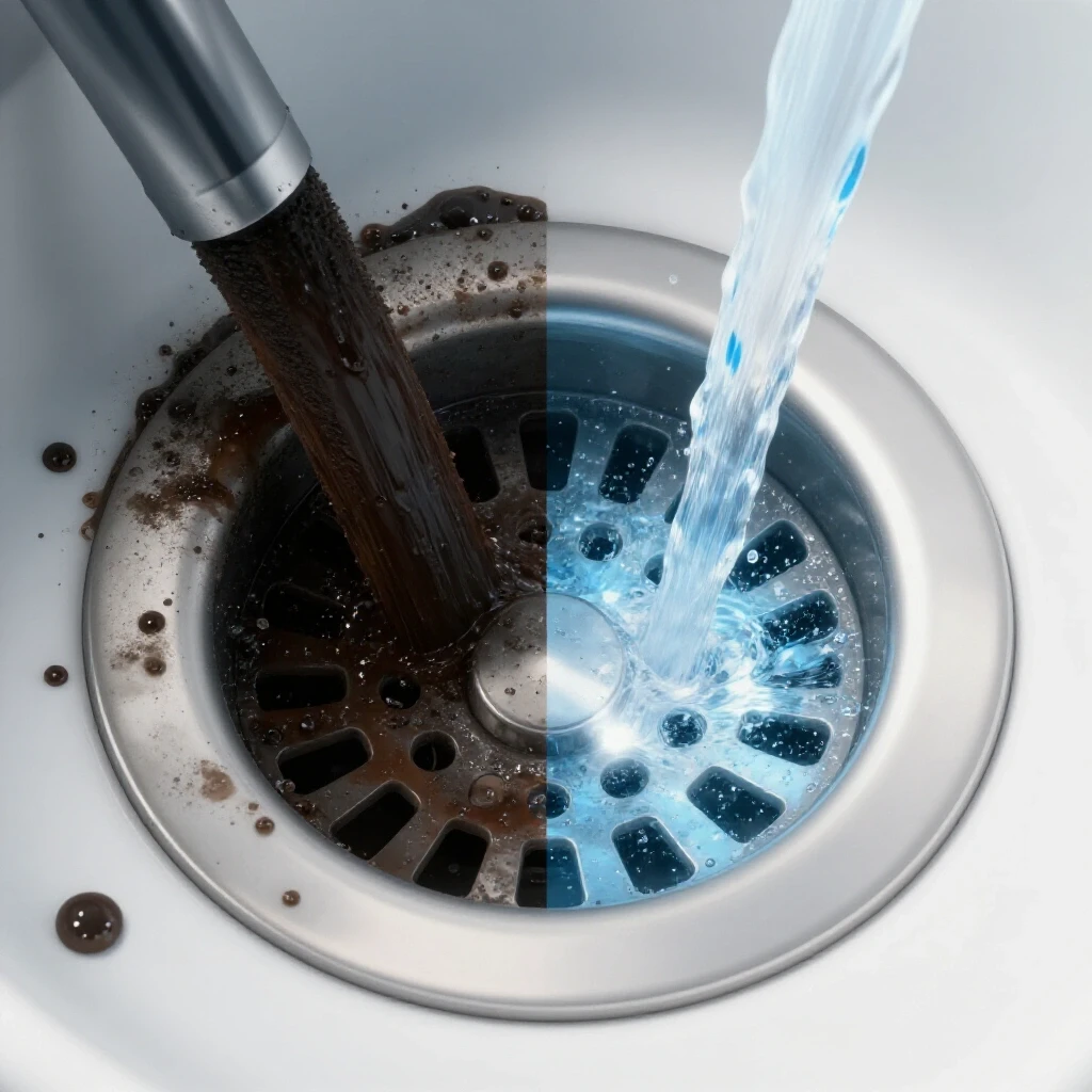 A split image showing a clogged shower drain with dark water and a clean drain with flowing water, showcasing a transformation.