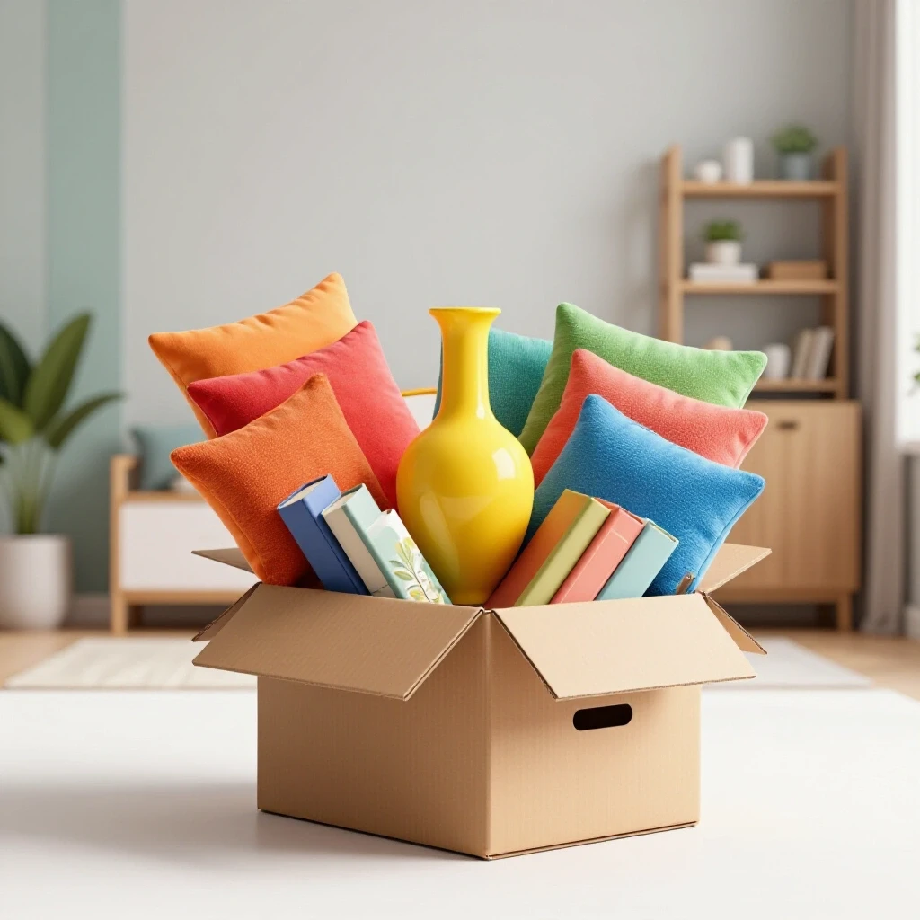 A chaotic moving box overflowing with colorful household items against a serene, organized room, symbolizing unpacking.