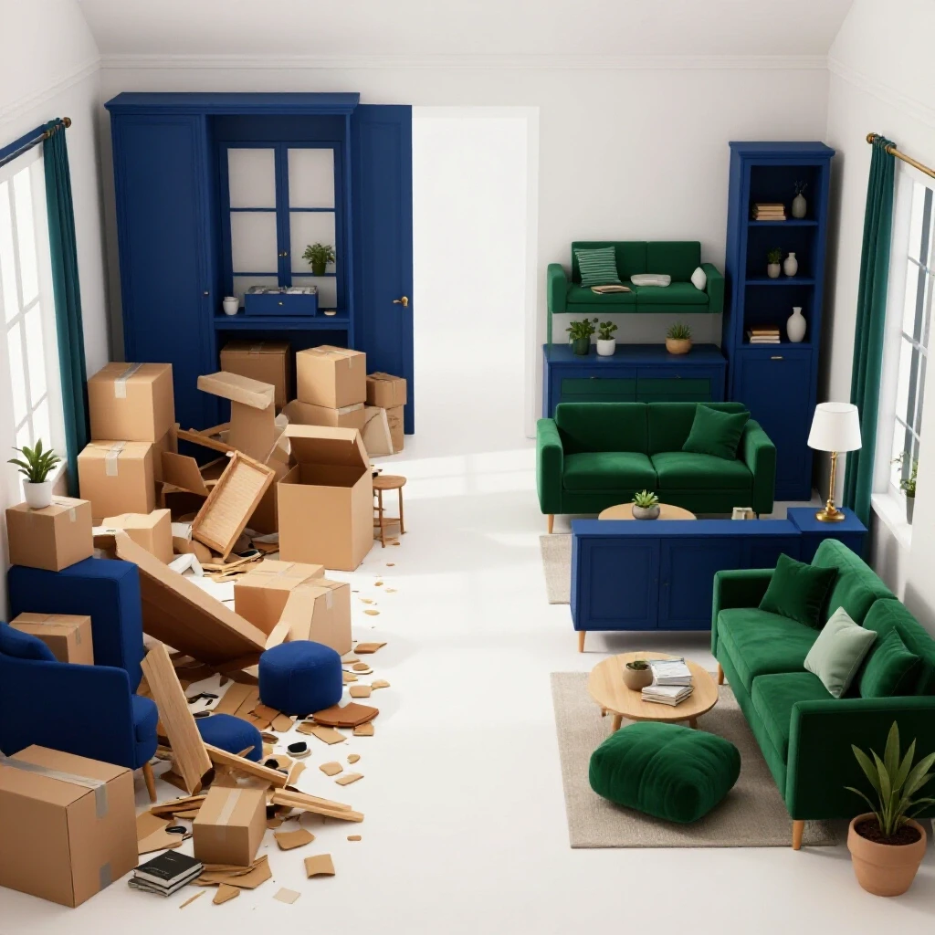 A dramatic contrast of a chaotic half-unpacked room and a beautifully organized space, illustrating a successful unpacking transition.